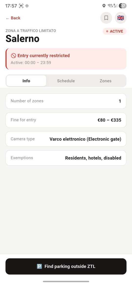 ZTL Italia app — detailed map of restricted zones